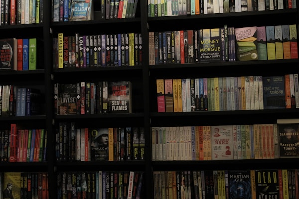 A bookshelf filled with a wide variety of books. The shelf has numerous colorful book spines, including titles in different genres such as mystery, thriller, and historical fiction. The books are neatly organized and arranged in rows, covering the entire available space on the shelf. Notable titles include 'Sea of Flames' and 'Money in the Morgue'.