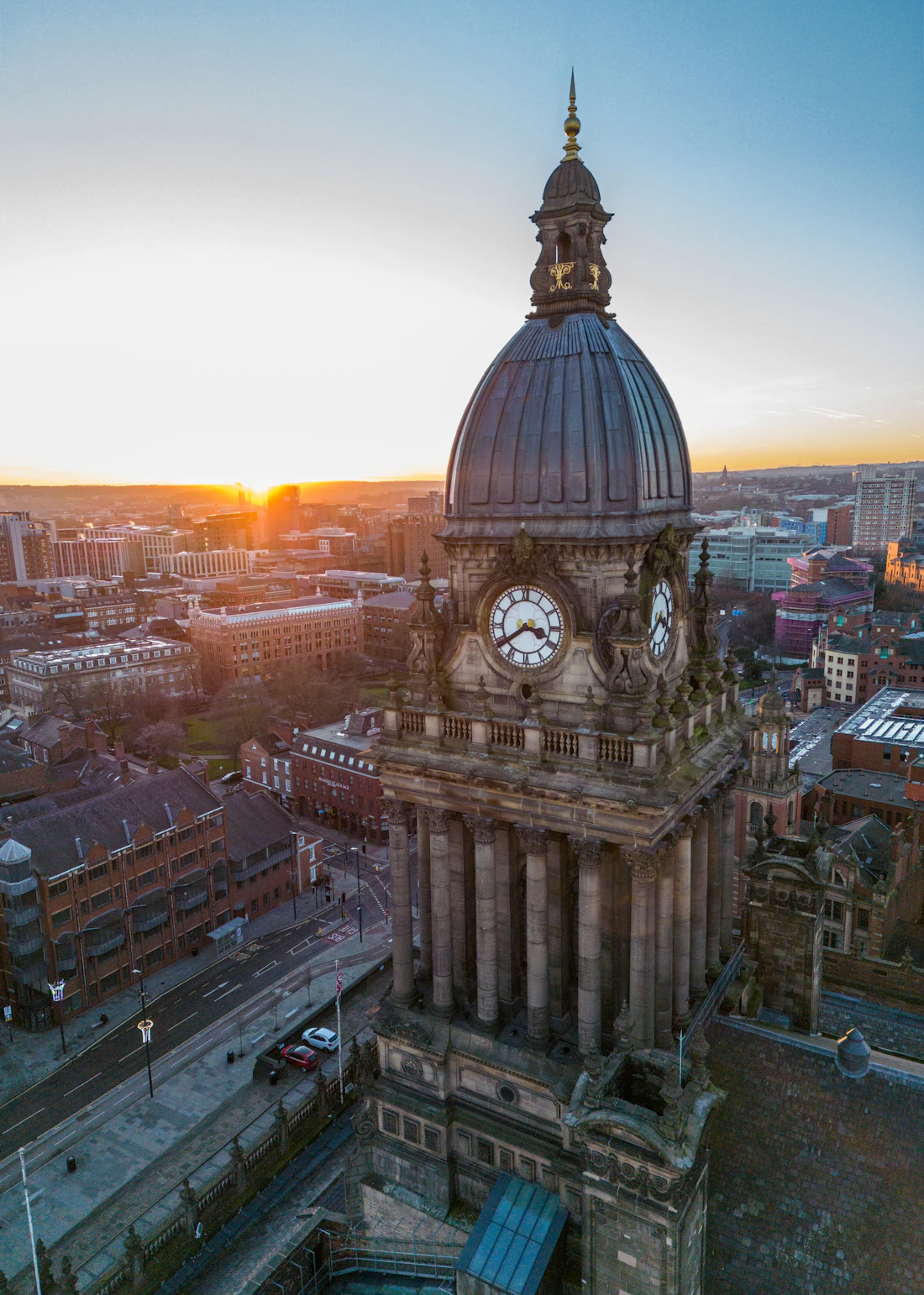 Leeds Town Hall and city centre at sunset
