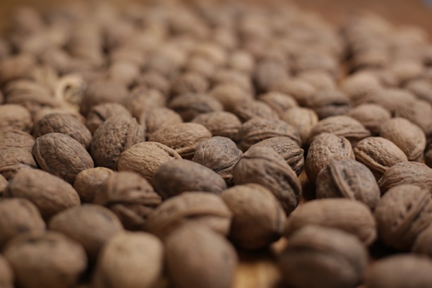 Numerous unshelled walnuts are scattered closely together, their rough, textured surfaces are visible. The lighting emphasizes their natural brown hues, creating a warm and earthy atmosphere.