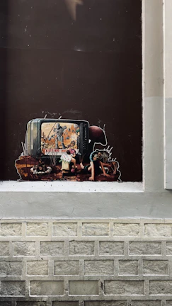 A piece of street art depicts a television with a scene of soldiers and a destroyed landscape on the screen. In front of it, a child's figure is positioned, appearing absorbed by the screen's contents. The surrounding imagery includes dark and muted colors, giving a grim and thought-provoking atmosphere.