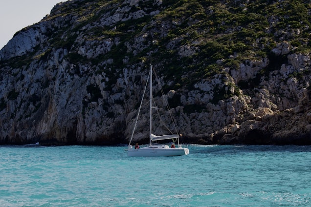 A vibrant boat sailing near lush green cliffs of Los Haitises National Park under a bright blue sky.