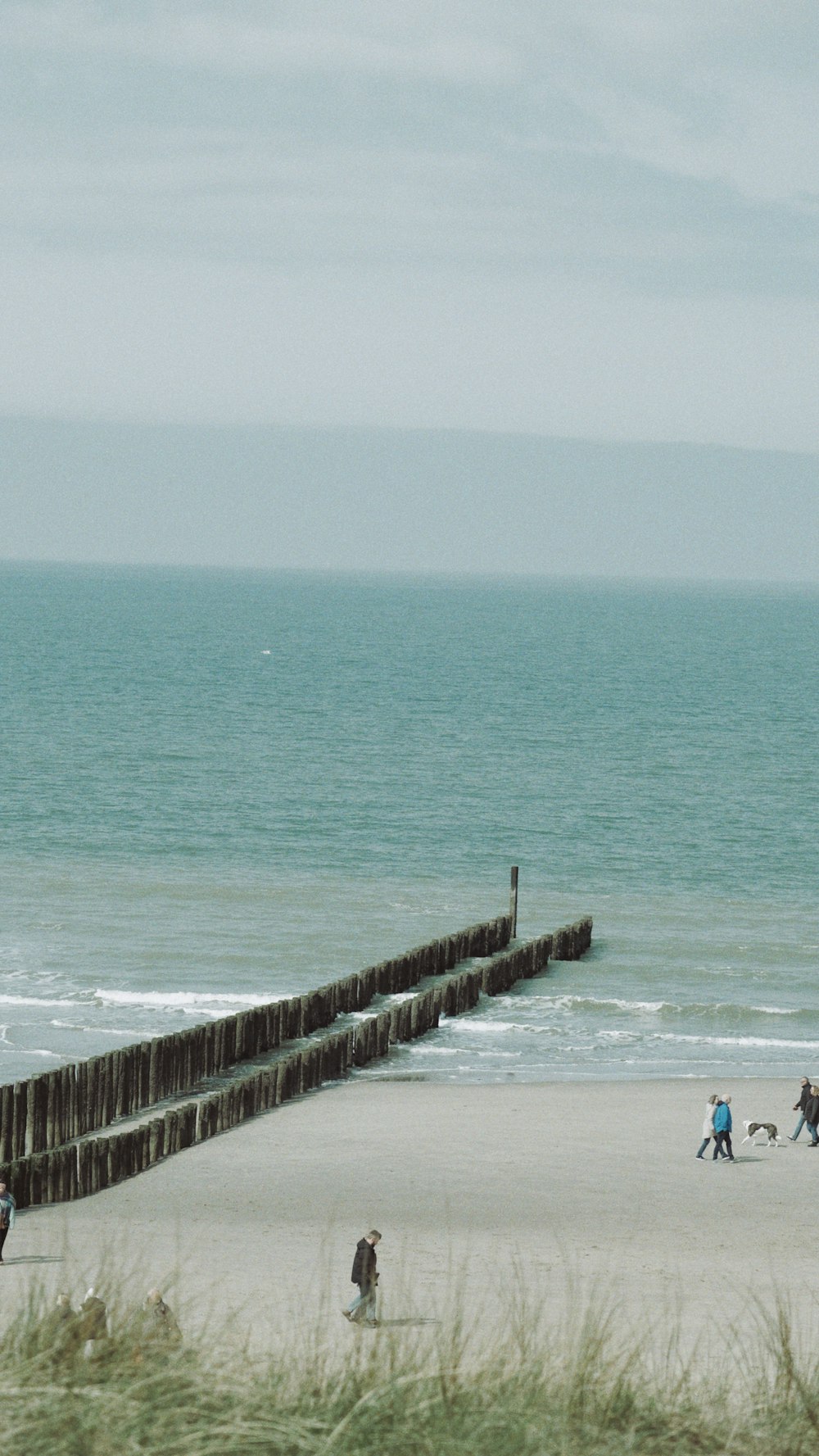 Eine Gruppe von Menschen, die an einem Strand am Meer entlang spazieren