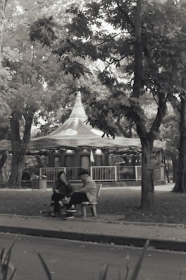 Soft focus photo of a serene park bench where two people are engaged in conversation.