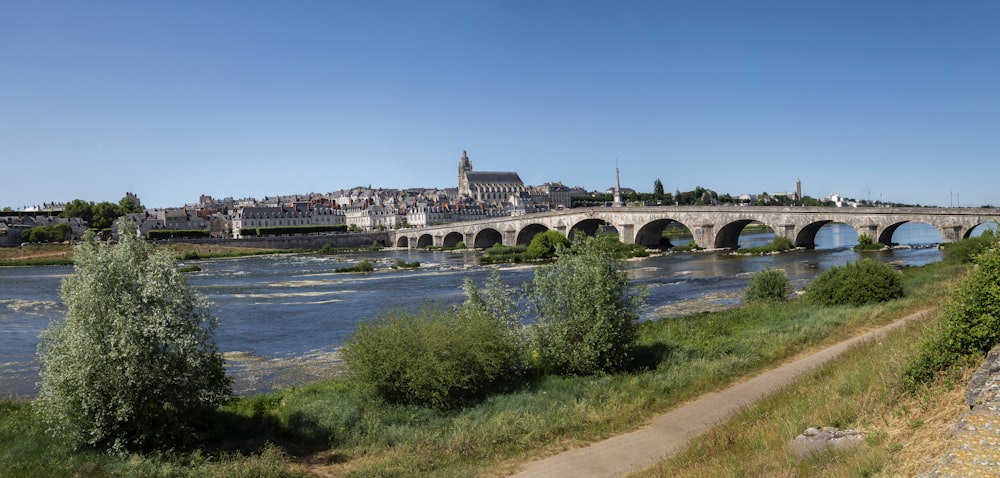 a bridge over a river with a city in the background