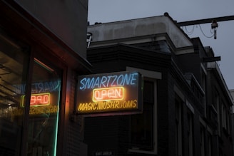 A neon sign with the words 'SMARTZONE OPEN MAGIC MUSHROOMS' hangs outside a building. The sign glows with blue, yellow, and red colors, reflecting off the glass window. The surrounding area is dark, suggesting evening or night time.