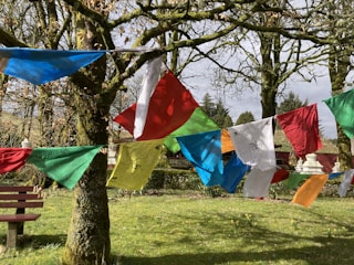 A serene setting featuring prayer flags hung in a peaceful garden.