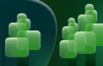 Abstract digital marketing graphics overlaid with green leaf icons to symbolize sustainability.