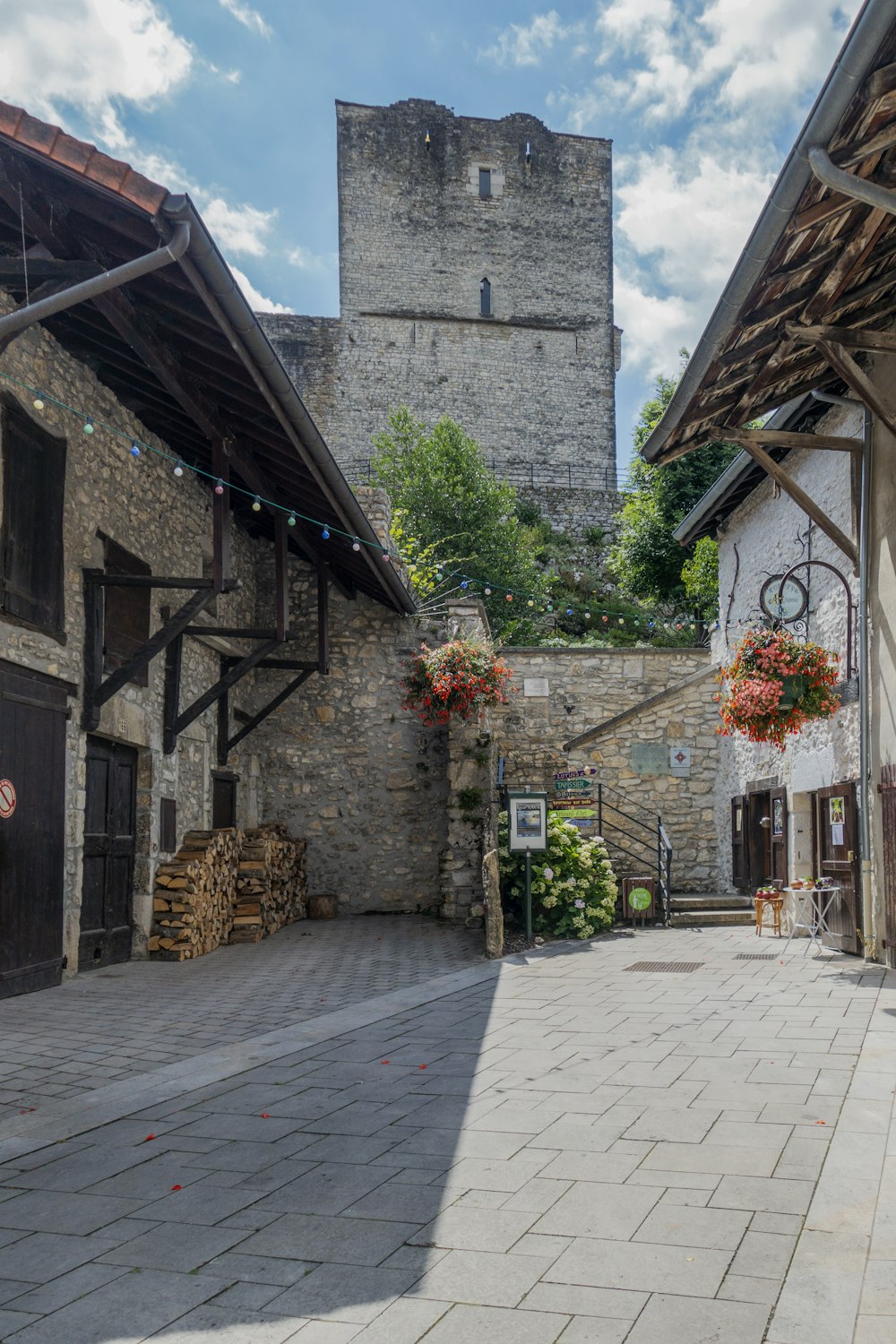 a cobblestone street with a castle in the background