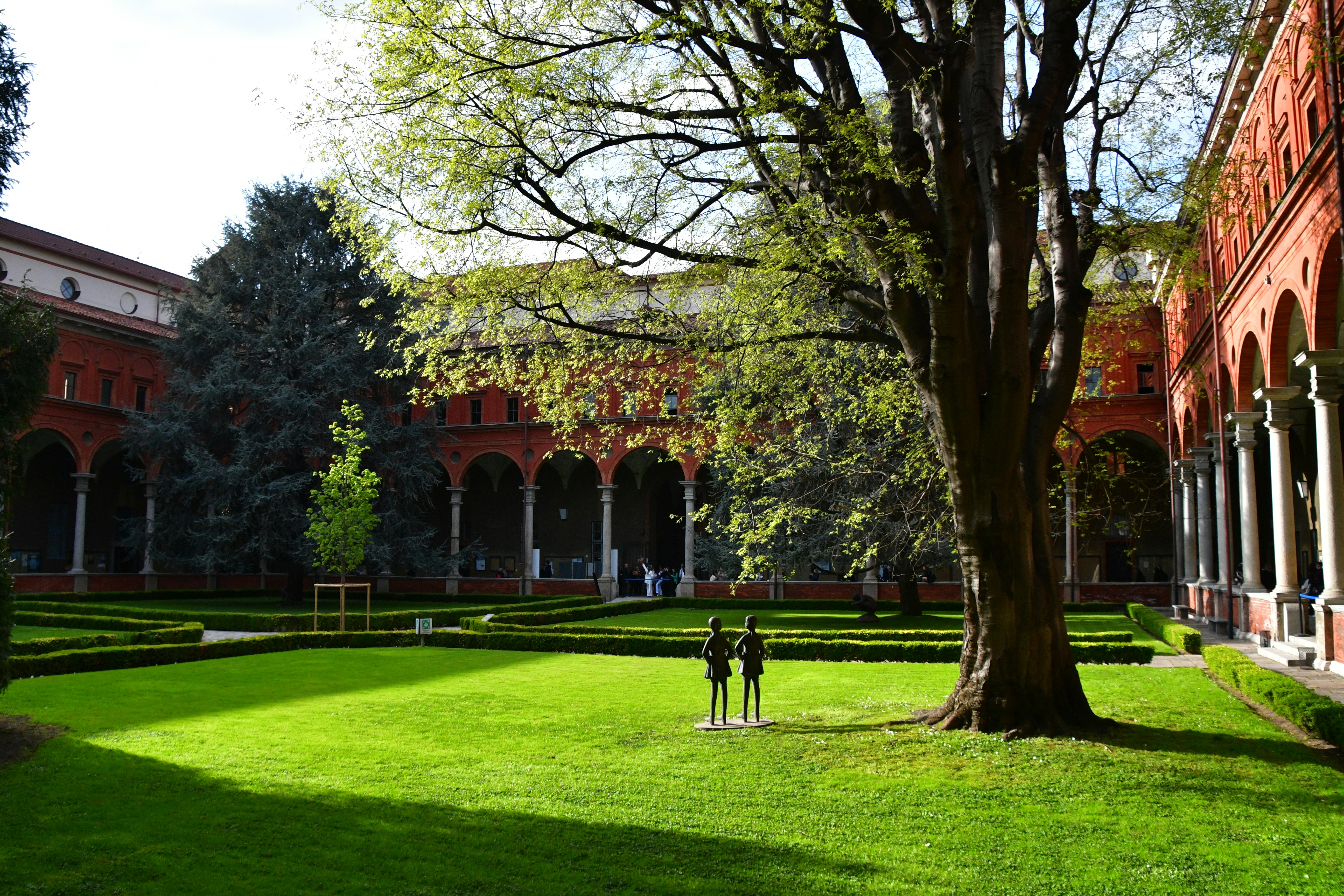 a couple of people standing on top of a lush green field