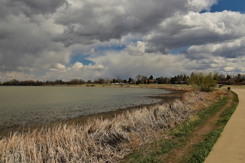 A lake is surrounded by a natural landscape of grasses and trees under a dramatic cloudy sky. The water is calm, and a paved path runs alongside the shoreline. Houses and vegetation are visible in the background.