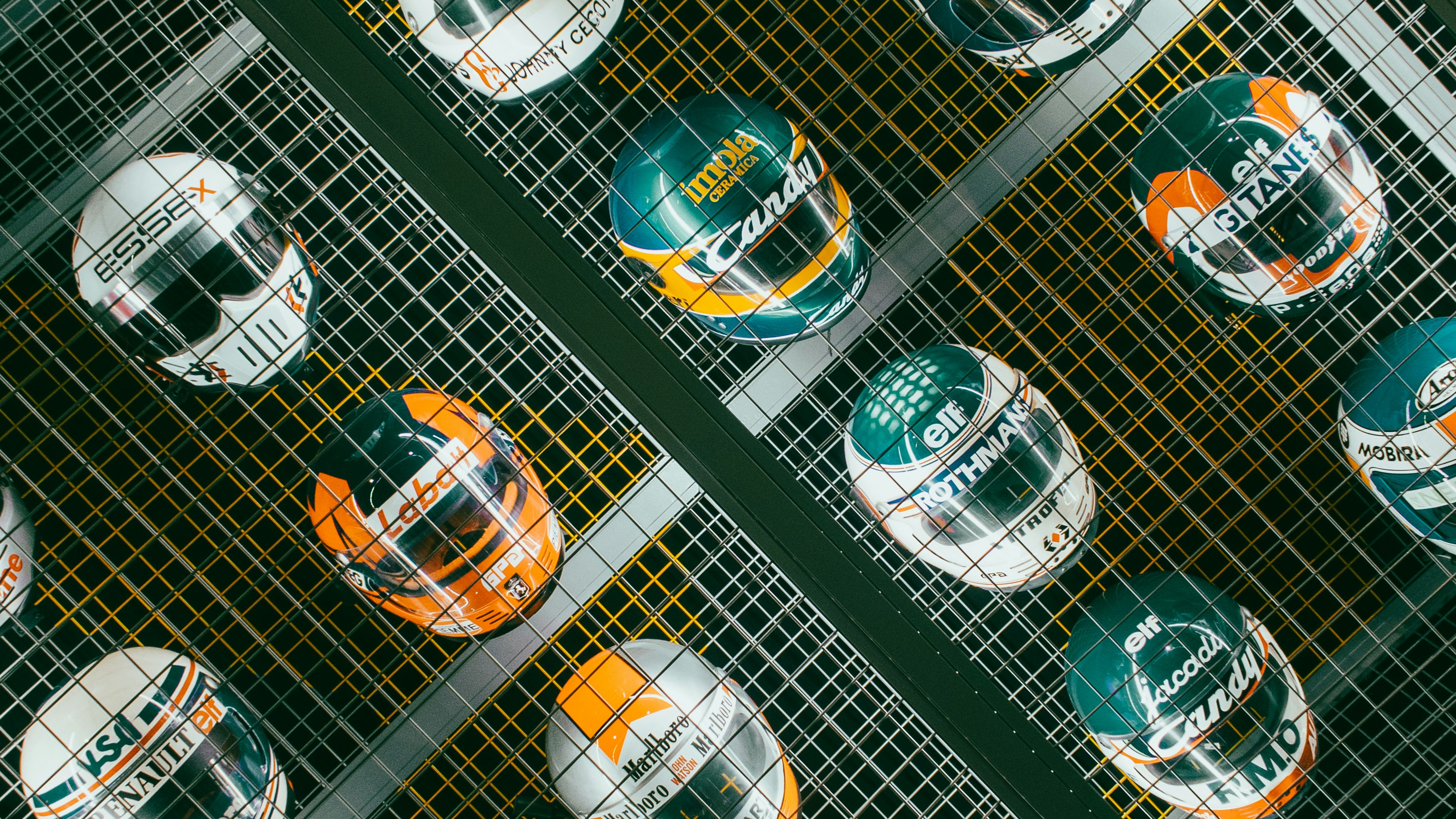Formula one helmets presented at the F1 exhibition in Madrid, Spain.