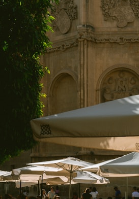A shaded outdoor area with several umbrellas provides a relaxing atmosphere for people below. The background features an intricately carved historical building facade, adorned with decorative motifs and carvings. A large tree to the side adds a touch of greenery contrasting with the stone architecture.