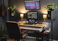 a desk with a keyboard and a monitor