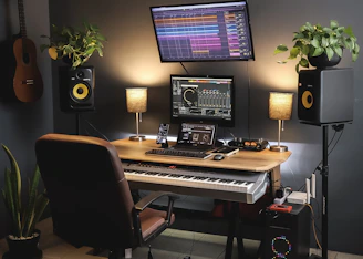 a desk with a keyboard and a monitor