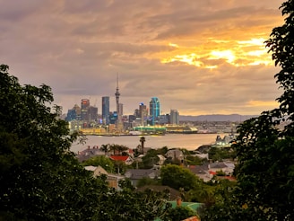 A vibrant city skyline at sunset symbolizing global connections and growth.