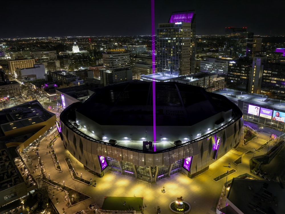 an aerial view of a stadium at night