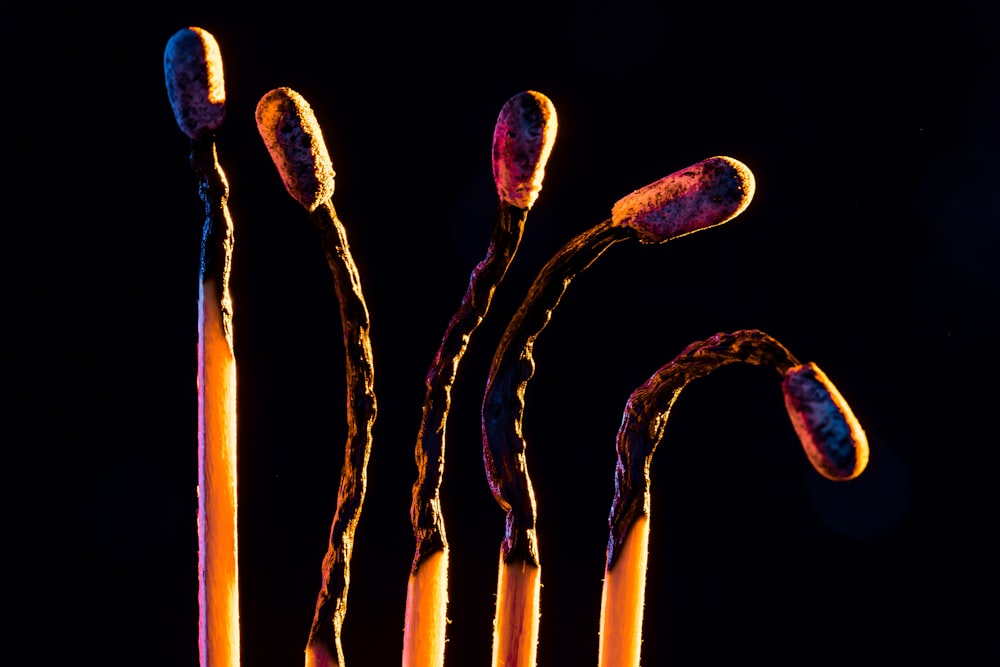 a close up of a group of candles with sticks sticking out of it