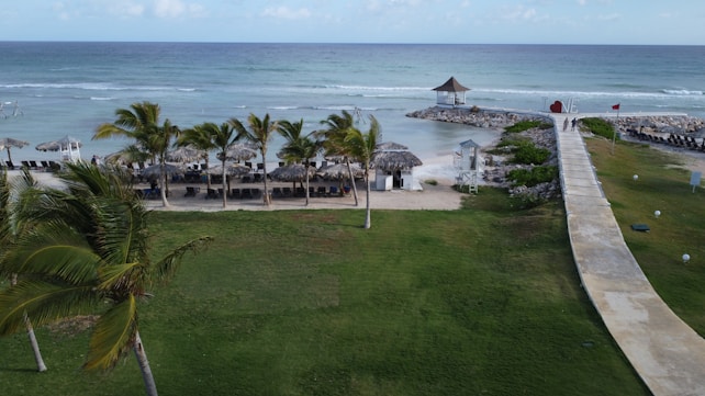A serene beach scene with palm trees lining the sandy shore, lounge chairs arranged under thatched umbrellas, and gentle ocean waves in the background. A long walkway extends out over the grass towards a gazebo on a rocky outcrop.