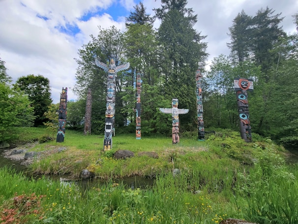 A wide-angle photo capturing a diverse group of totem poles in a natural forest setting, surrounded by lush greenery.