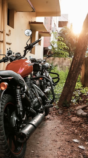 A row of various motorcycles parked outdoors under natural light.