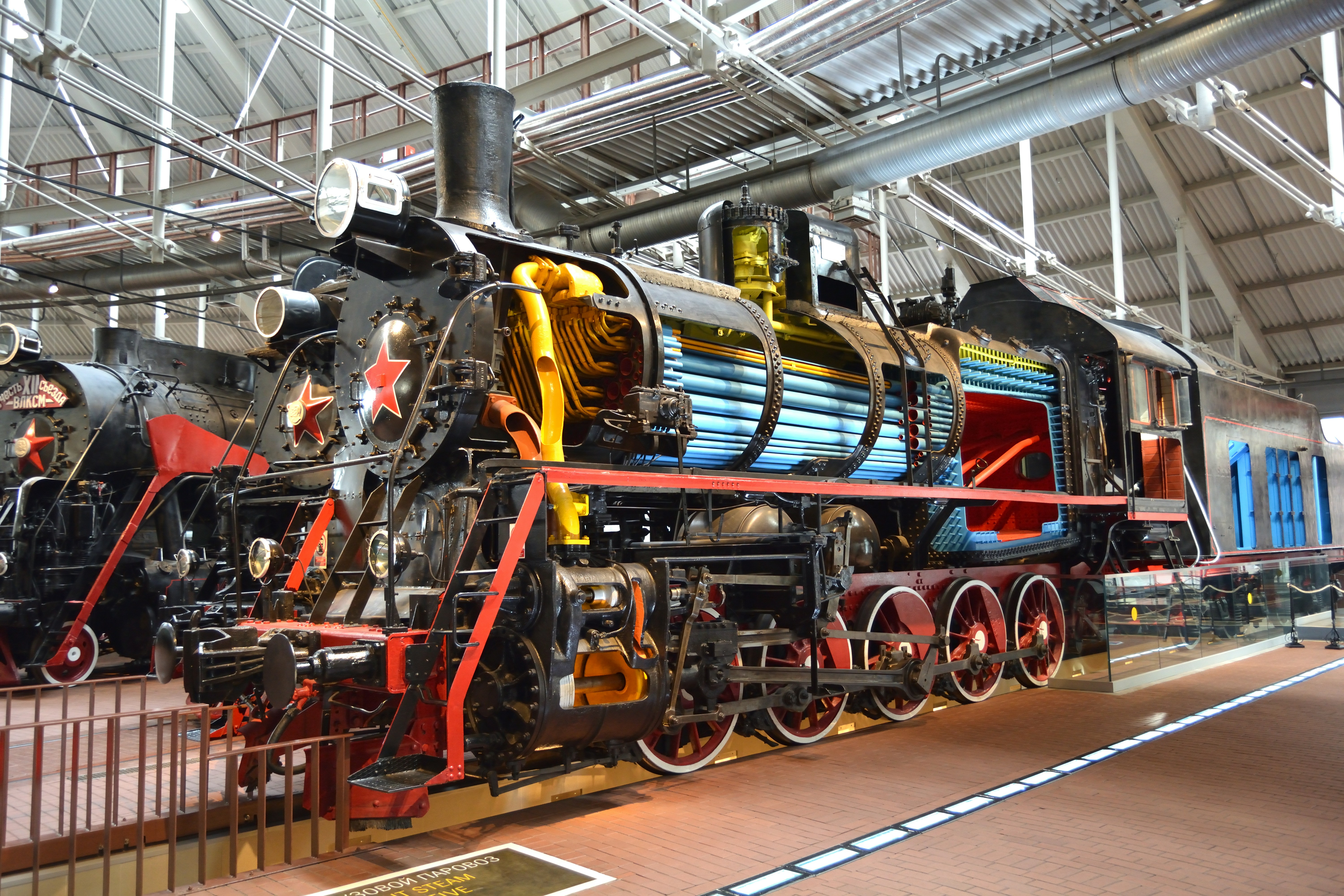 a train is on display in a museum