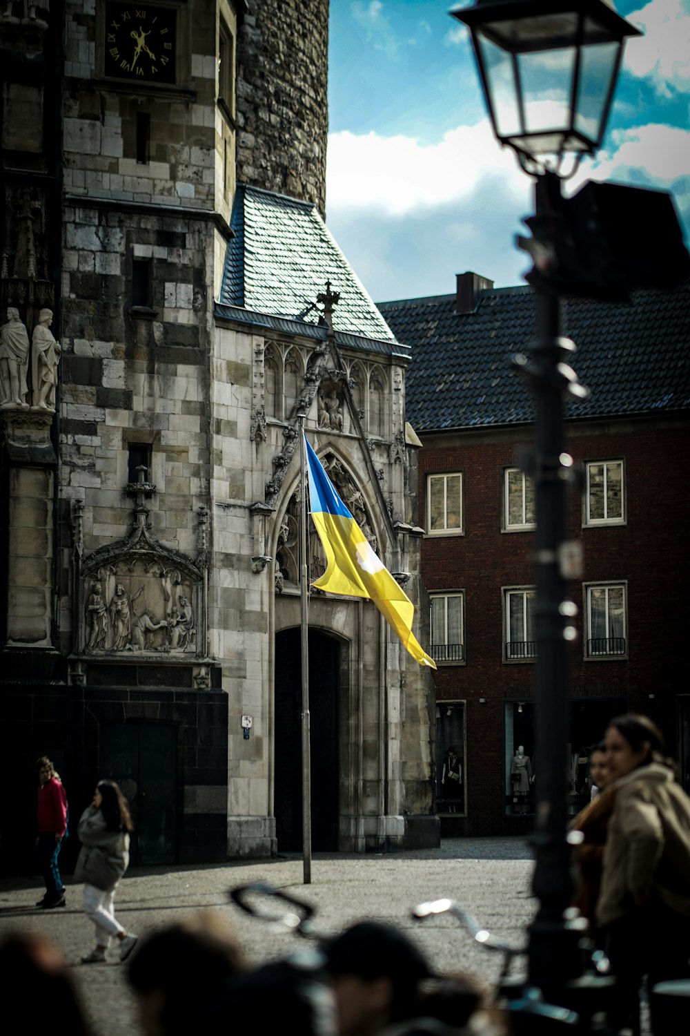 a flag is flying in front of a building