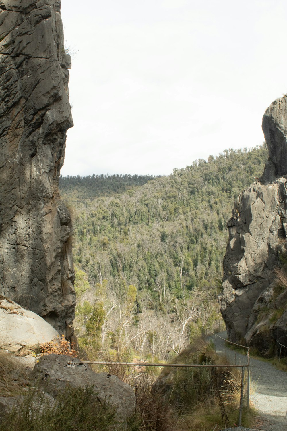 a view of a rocky mountain with a path going through it