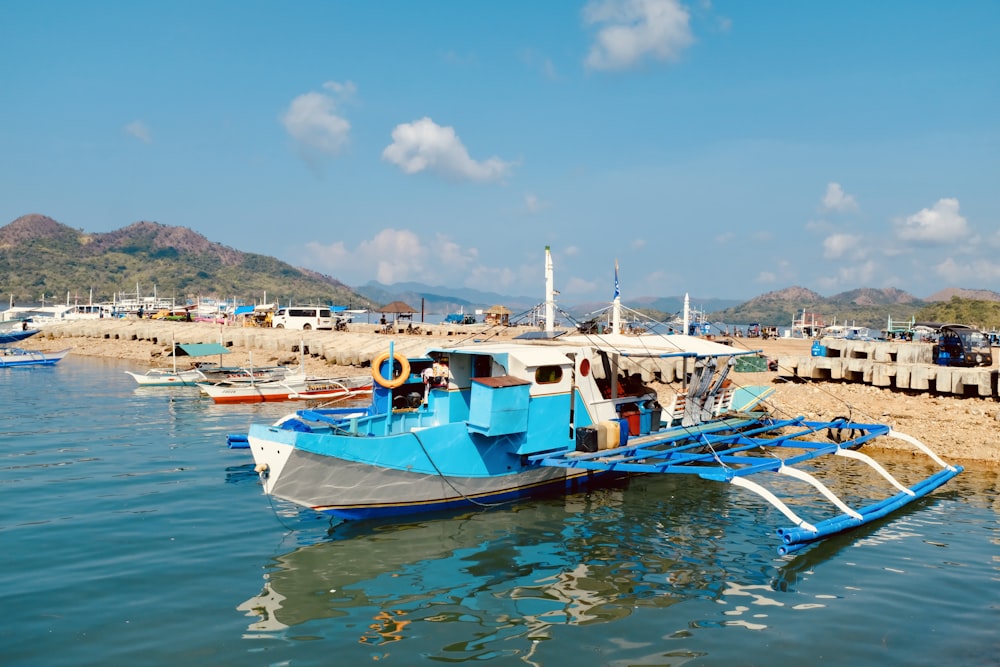 a blue and white boat in a body of water