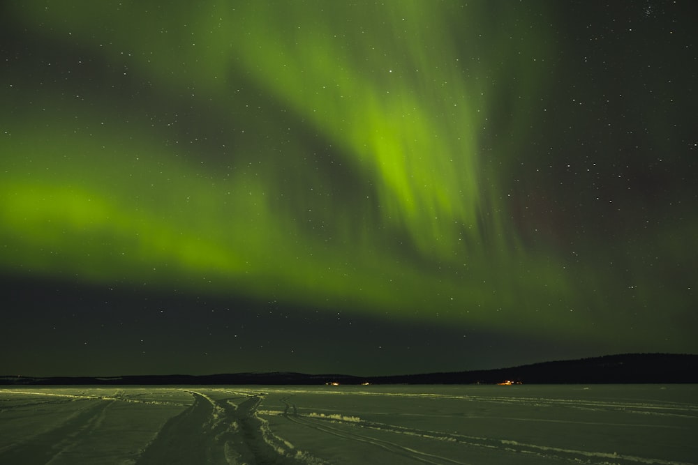 Une aurore verte perce dans le ciel au-dessus d’un champ enneigé