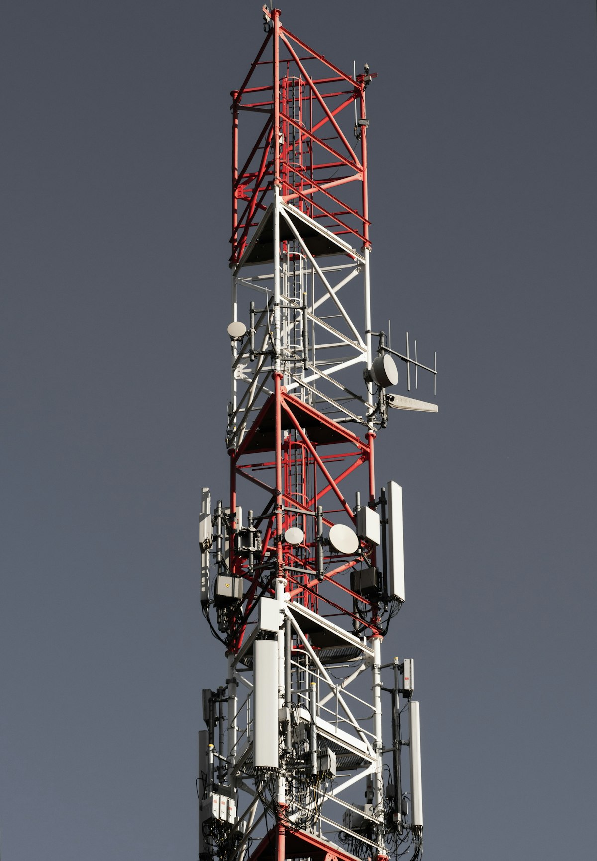 Tall communications tower with lights on top