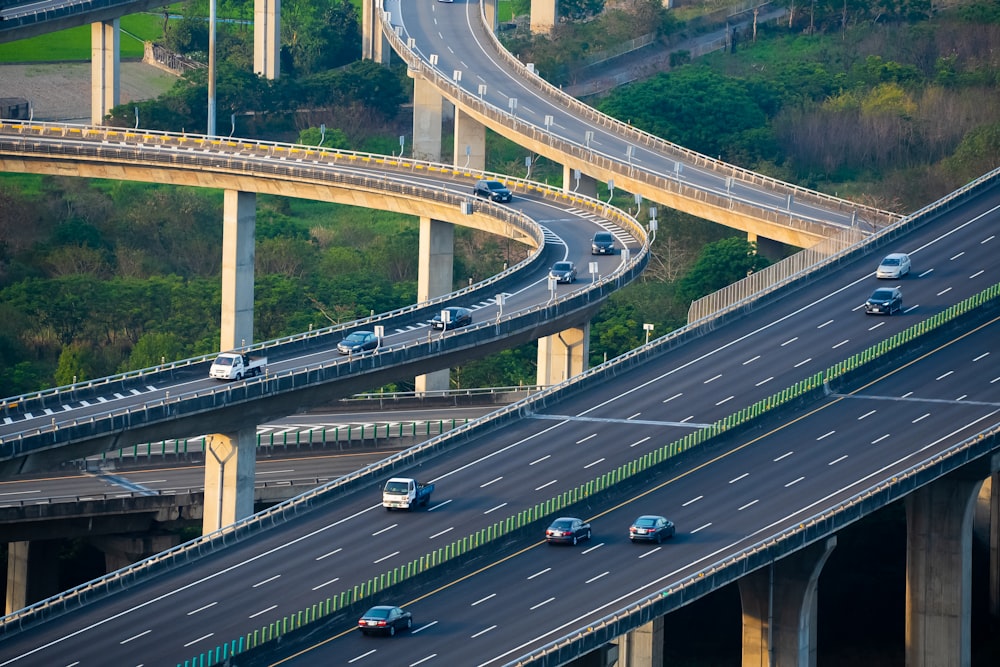 an aerial view of a highway with multiple lanes