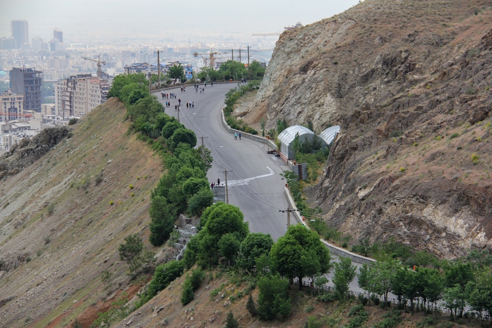 a view of a road with a mountain in the background