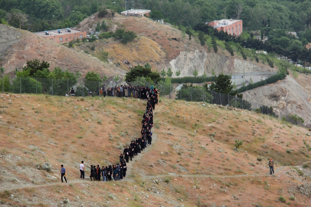a large group of people climbing up a hill