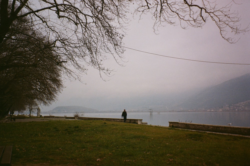 a man standing on top of a lush green field next to a lake