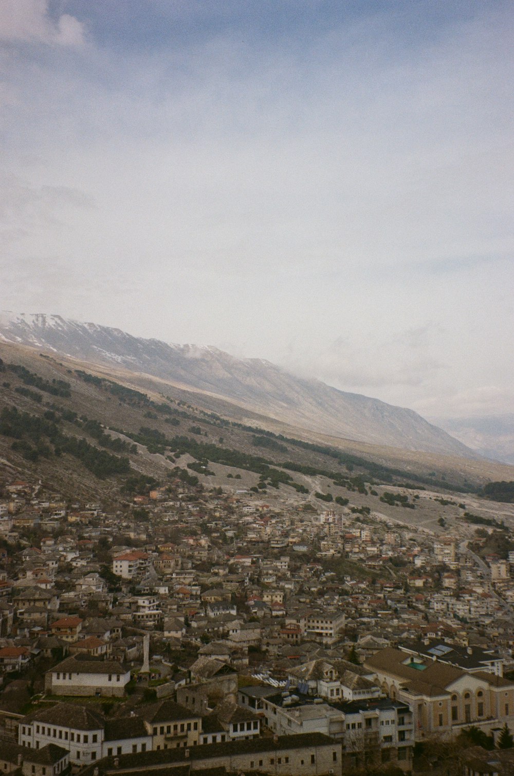 a view of a city with mountains in the background