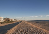 A sandy beach stretches into the distance with seagulls scattered across the shore. Residential buildings line the left side, and the calm ocean extends to the right under a clear blue sky.