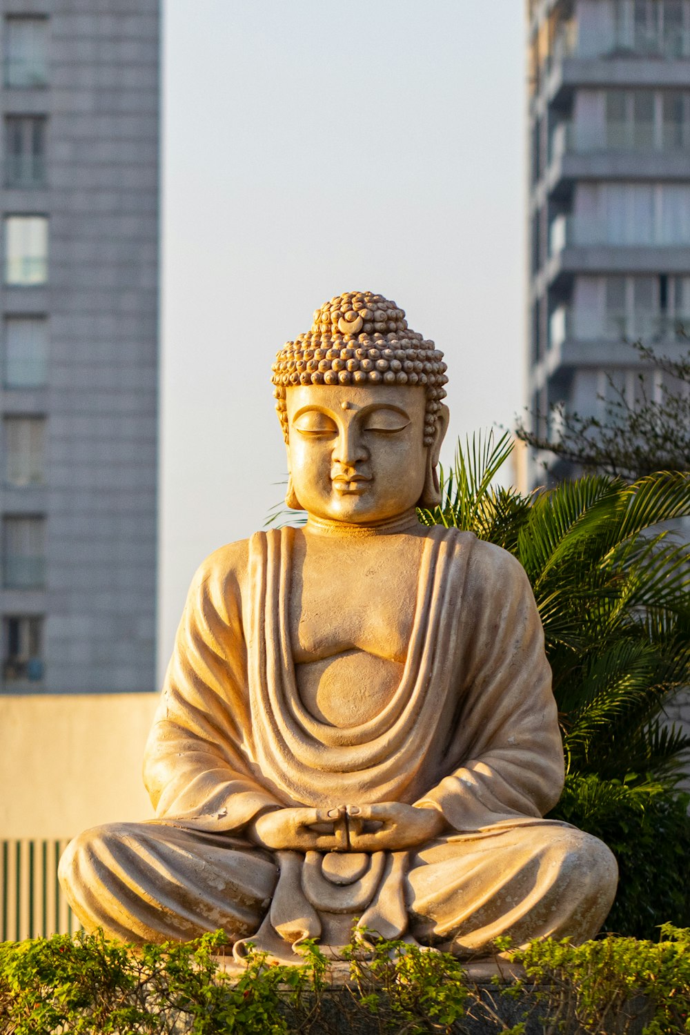 a statue of a buddha sitting in the middle of a garden