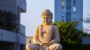 A stone statue of Buddha sits peacefully in a meditative pose amidst a modern urban environment. The statue is illuminated by warm sunlight, casting gentle shadows. Behind the Buddha, there is lush green foliage and a tall building, giving a contrast between nature and urban life.