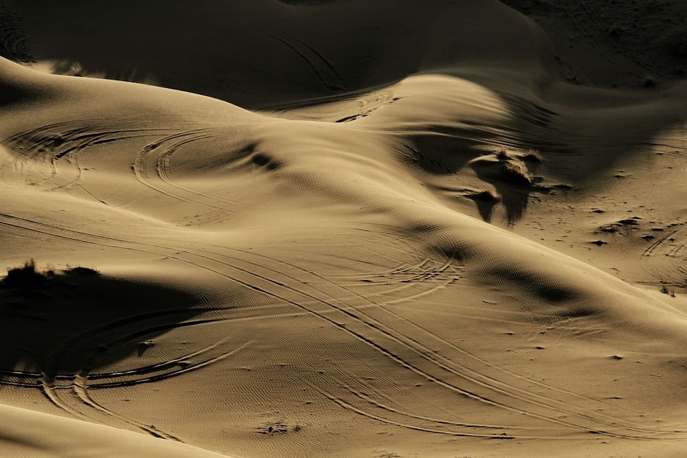 a sand dune with tracks in the sand