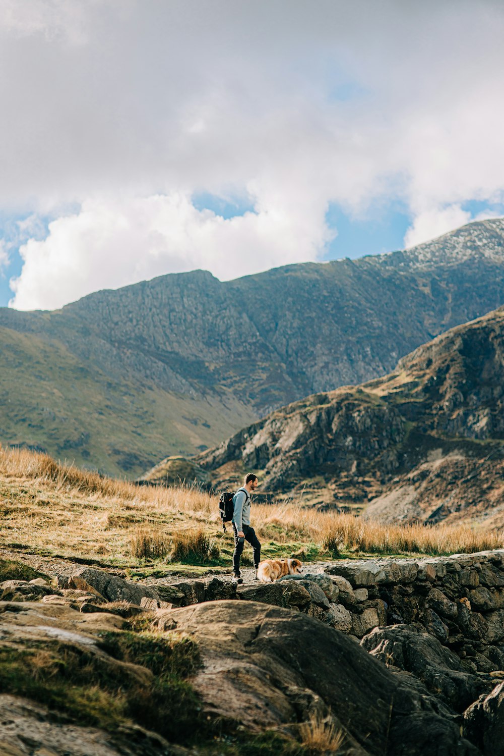 a man standing on top of a lush green hillside