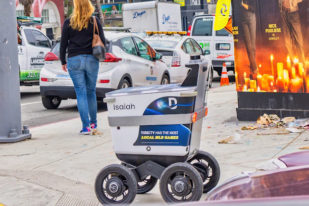 A delivery box with kitchen tools peeking out, speeding along a city street.