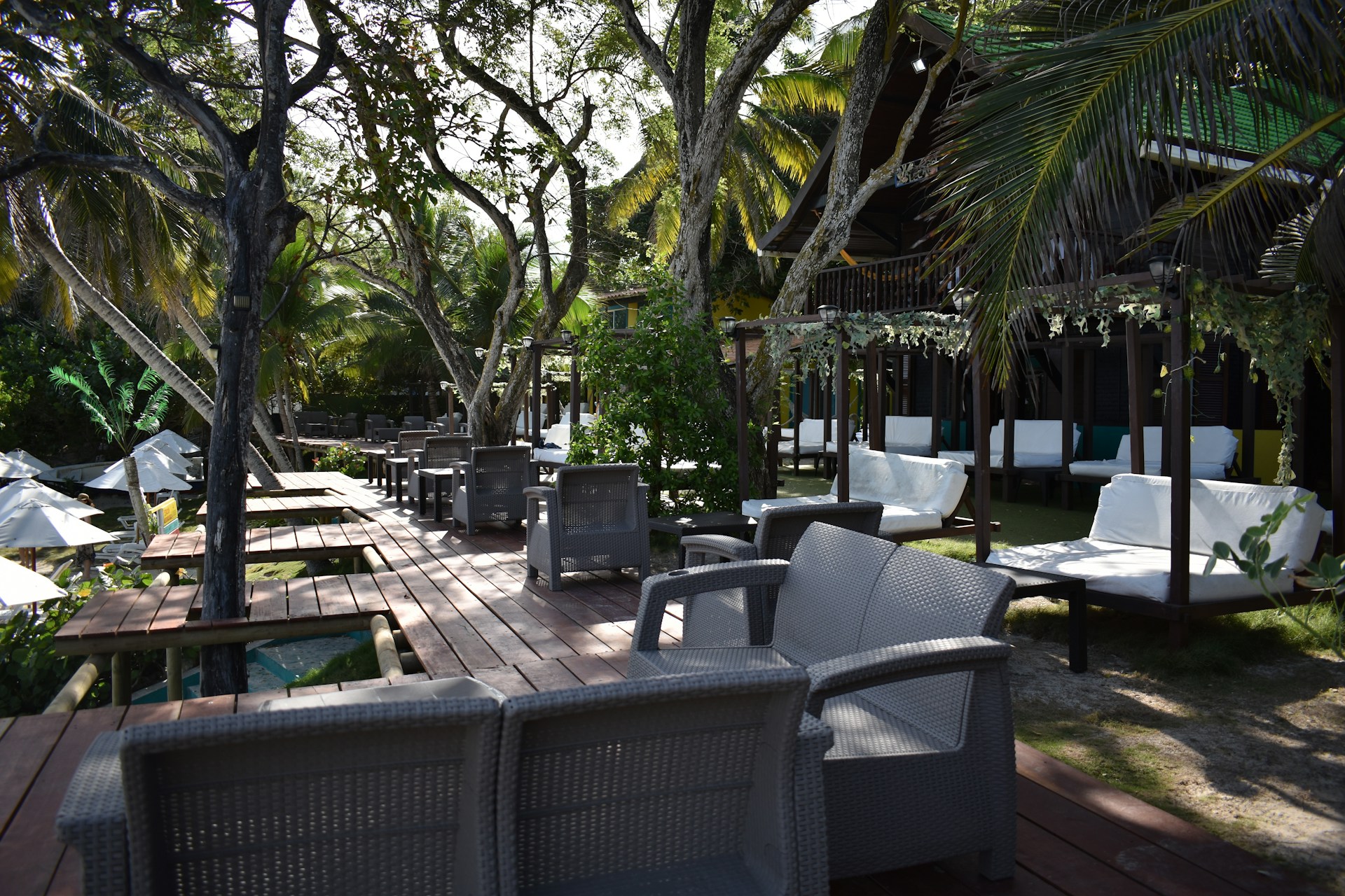 A cozy outdoor lounge area with modern furniture surrounded by tropical plants
