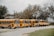 A group of yellow school buses parked in a row on a gravel path next to grassy areas. The buses have a logo reading 'Rockin' R River Rides' displayed across their sides. In the background, there are bare trees and a building partially visible.