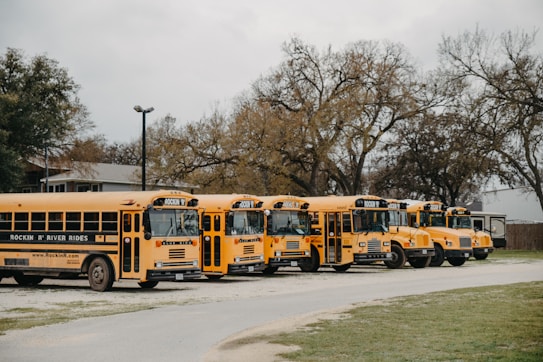 A group of yellow school buses parked in a row on a gravel path next to grassy areas. The buses have a logo reading 'Rockin' R River Rides' displayed across their sides. In the background, there are bare trees and a building partially visible.