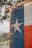 A wooden wall painted with the Texas flag design featuring vertical stripes of blue, white, and red, with a prominent white star in the middle of the blue section. The edge of the structure is adorned with small circular string lights. Trees and foliage are faintly visible in the blurred background, contributing to an outdoor setting.
