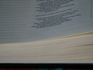 A close-up image of an open book displaying a passage with a religious or philosophical text. The text is printed in a clear, formal font on cream-colored pages, and the book appears thick and well-used.