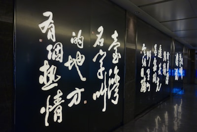 A series of illuminated traditional Chinese calligraphy characters on a dark wall in a dimly lit hallway.