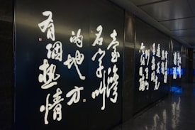 A series of illuminated traditional Chinese calligraphy characters on a dark wall in a dimly lit hallway.