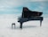 A grand piano stands prominently on a vast, open surface that resembles ice or a reflective floor. The background is a clear, expansive blue sky with a few light clouds, conveying a sense of calm and tranquility. The piano is black and polished, with a matching piano bench placed closely beside it.