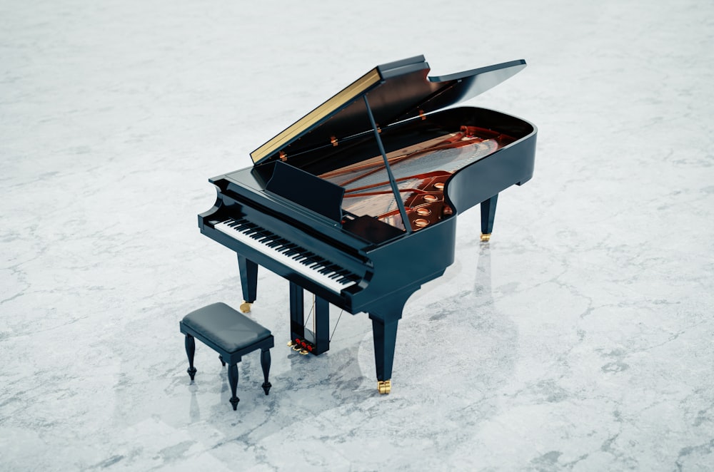 a grand piano sitting on top of a marble floor
